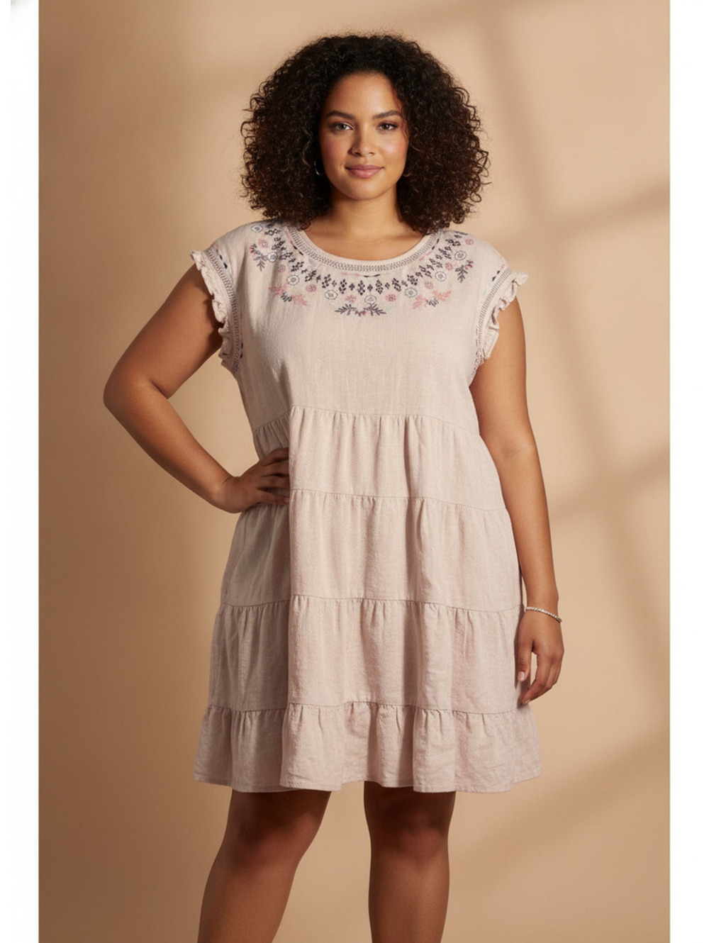 Knox Rose Embroidered Light Pink Tiered Dress Boho Cottage Core XXL